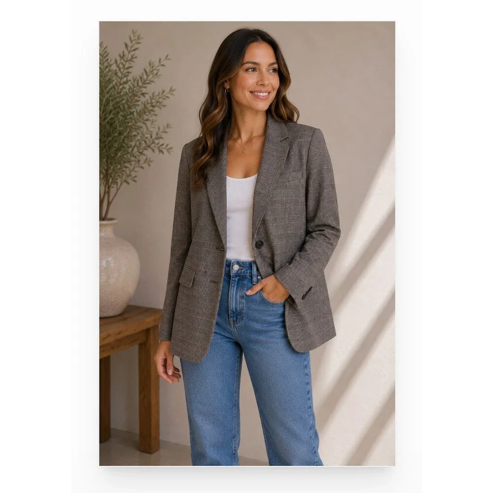 Gap Blazer Womens 16 Gray Plaid One Button Lined Tailored Jacket Workwear Office